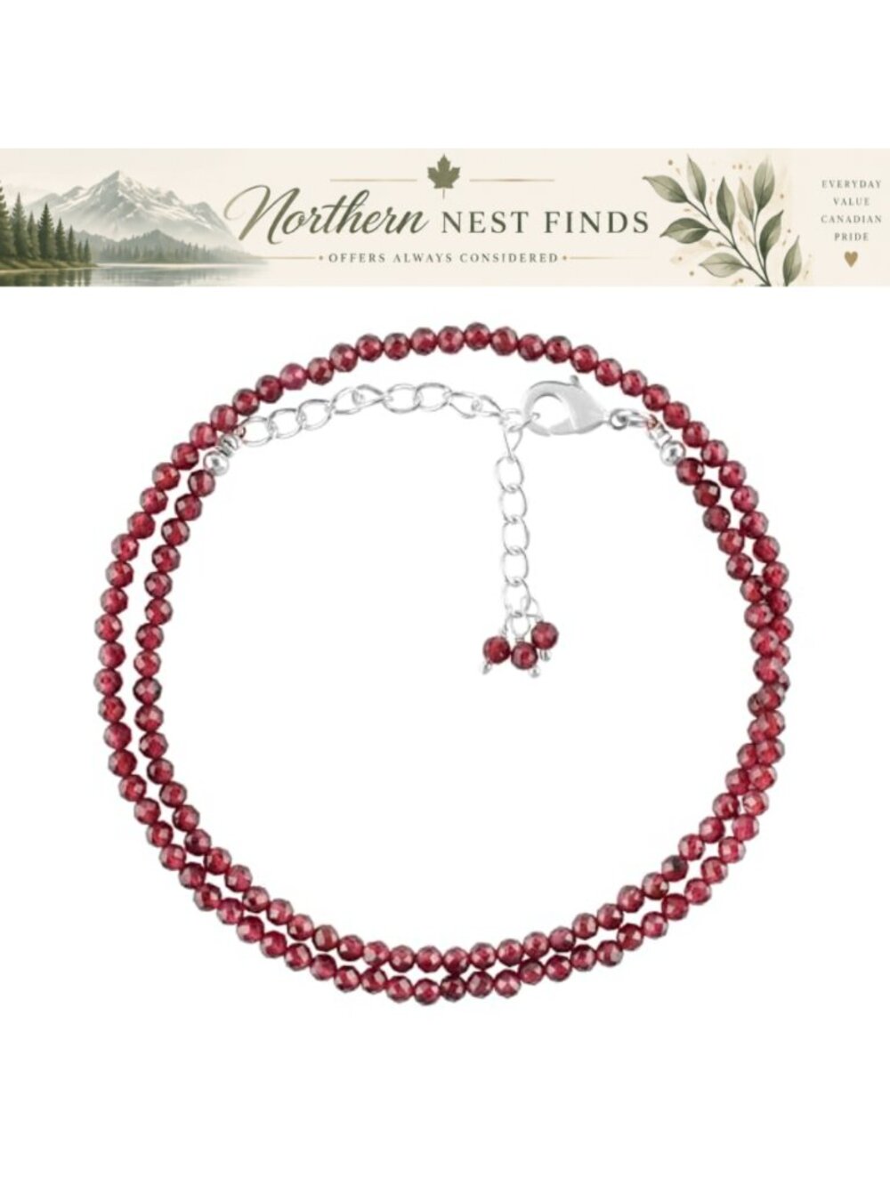 Garnet Beaded Choker Necklace Silver Plated Chain Natural Gemstone 18 inch